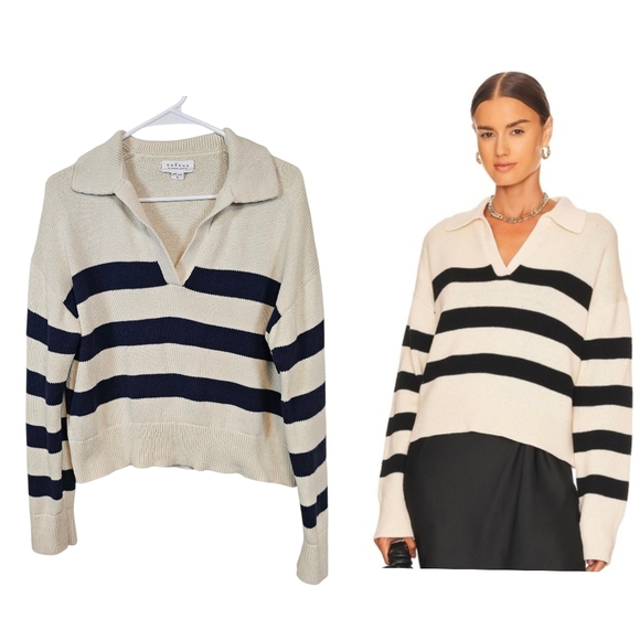 Velvet by Graham & Spencer Sweaters - Velevt by Graham & Spencer Lucie Striped Cashmere Blend Vneck Collar Sweater